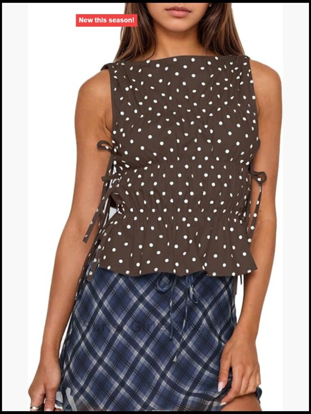 Polka Dot Sleeveless Peplum Tank Top Side Bow Tie Ruched Smocked Boat Neck